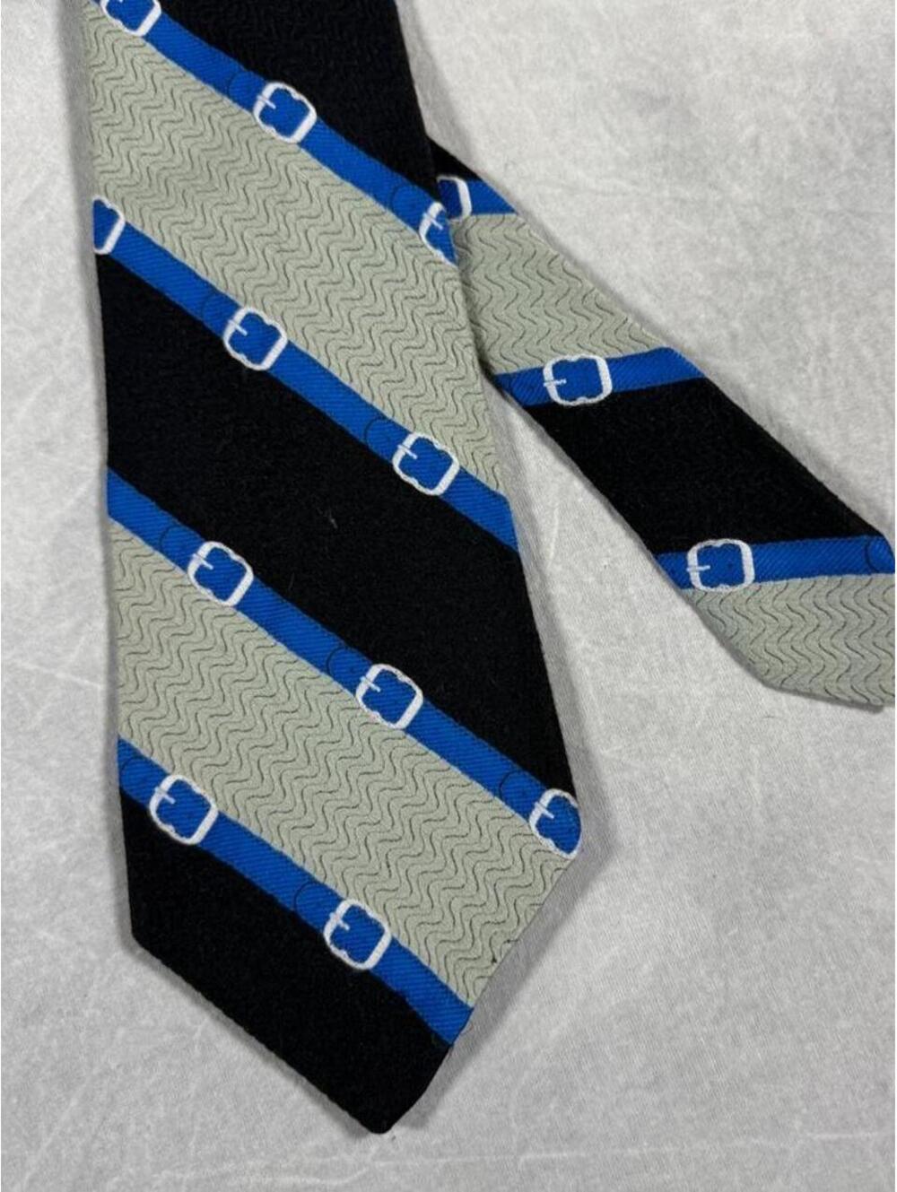 Vintage 1970s Towncraft JCPenney Necktie Blue Black Belt Buckle Geometric